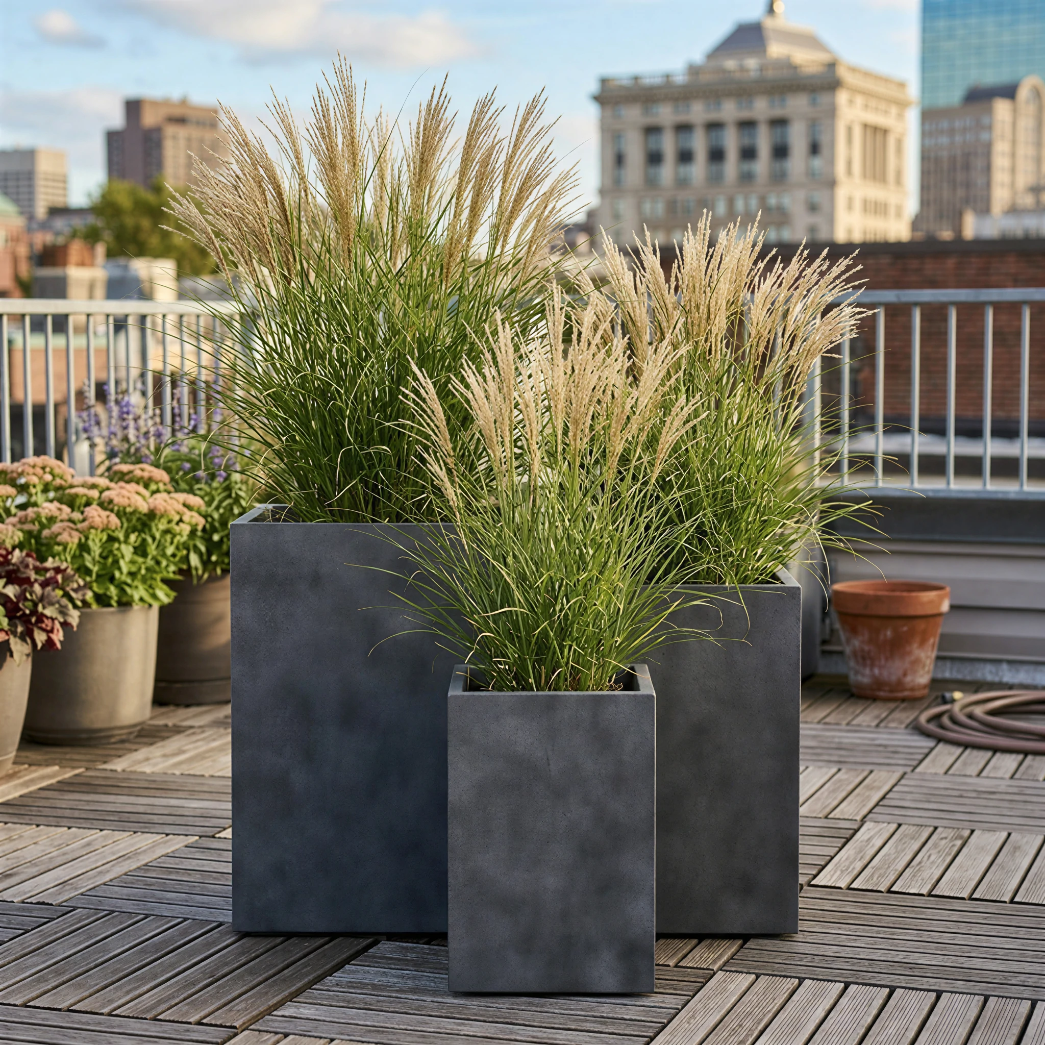 RF-2041 charcoal square GFRC planters displayed in graduated heights in a hotel interior